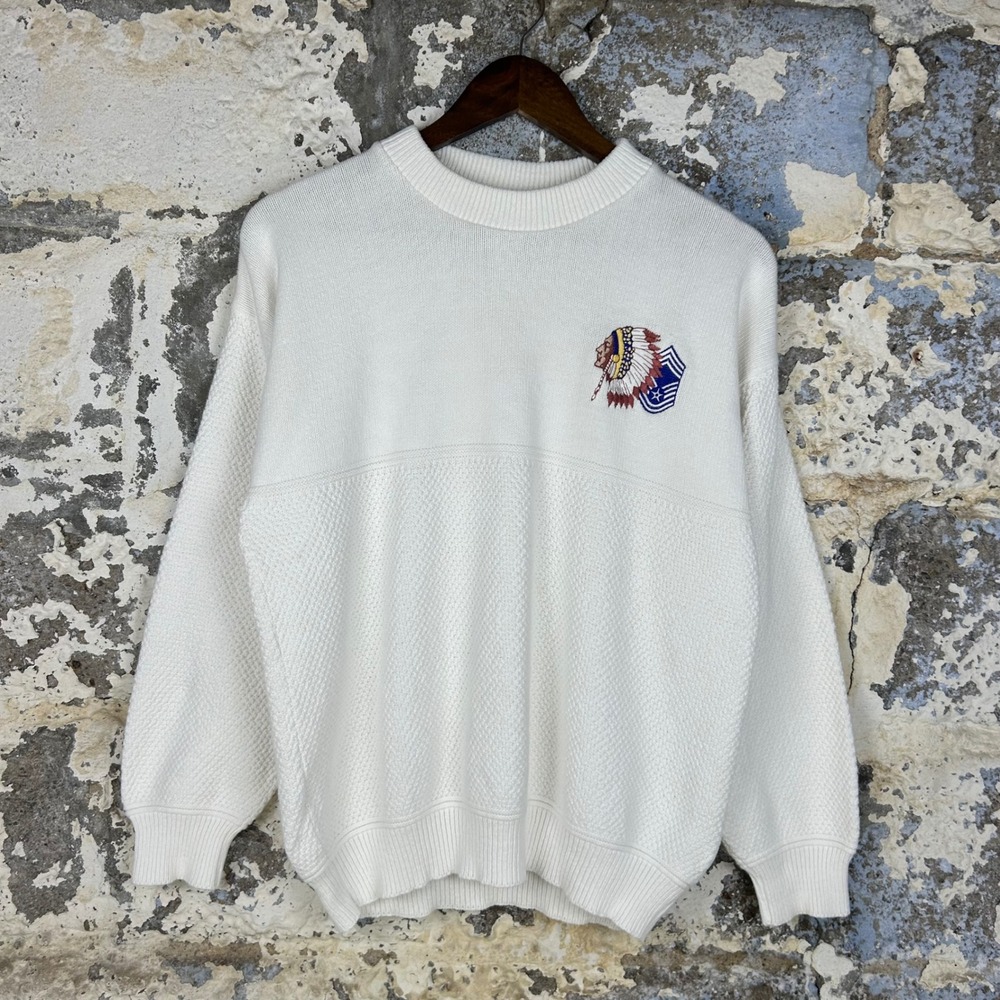 McBriar Knit Sweater Mens S White Vintage 100% Cotton Military Patch Made inUSA